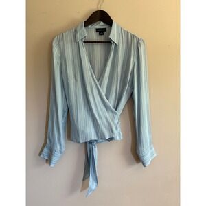 Vintage Ann Taylor 100 Silk Wrap Blouse Blue Pinstripe Quiet Luxury Aesthetic 8